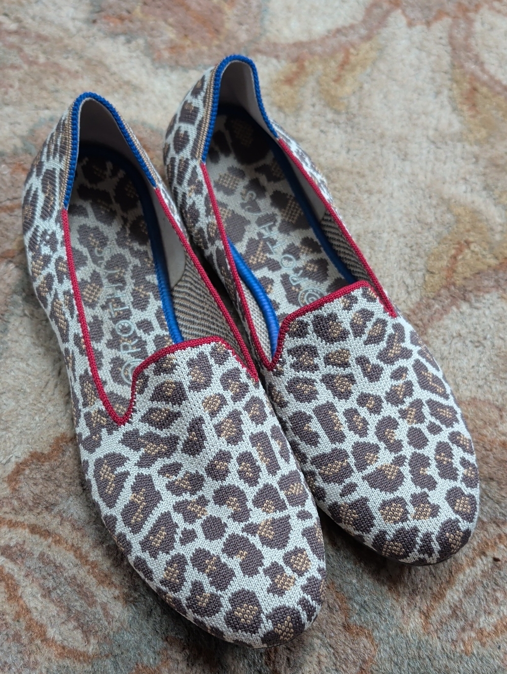 Rothy's The Loafer Leopard-Print Slip-On Flats with Red Trim and Blue Piping